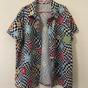 Black and White Floral Checkered Button Down Shirt